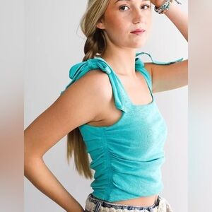 Free People Boulevard Bow Tie Ruched Cotton Tank in Blue - Size Medium